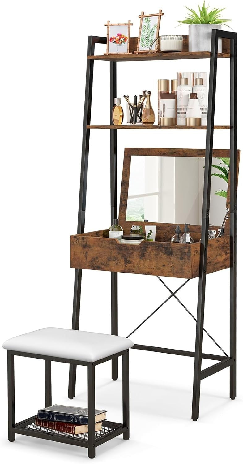 Flip - Top Vanity Makeup Table Desk with Mirror & Stool Set 2 Drawers Storage - Kwikley