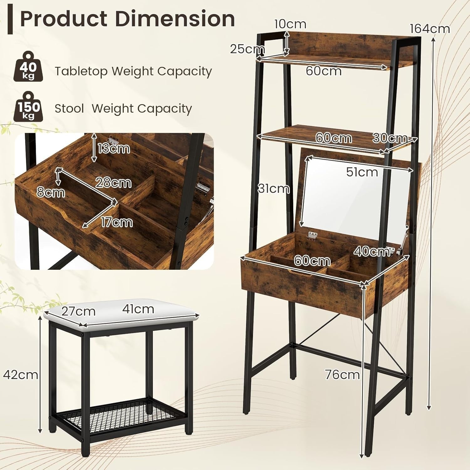 Flip - Top Vanity Makeup Table Desk with Mirror & Stool Set 2 Drawers Storage - Kwikley