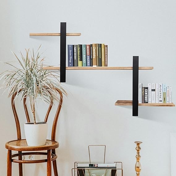 Floating Wall Shelves 2 - Tier Set Modern Oak Frame Display Storage Unit Black - Kwikley