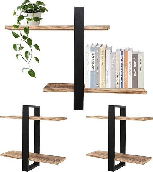 Floating Wall Shelves 2 - Tier Set Modern Oak Frame Display Storage Unit Black - Kwikley