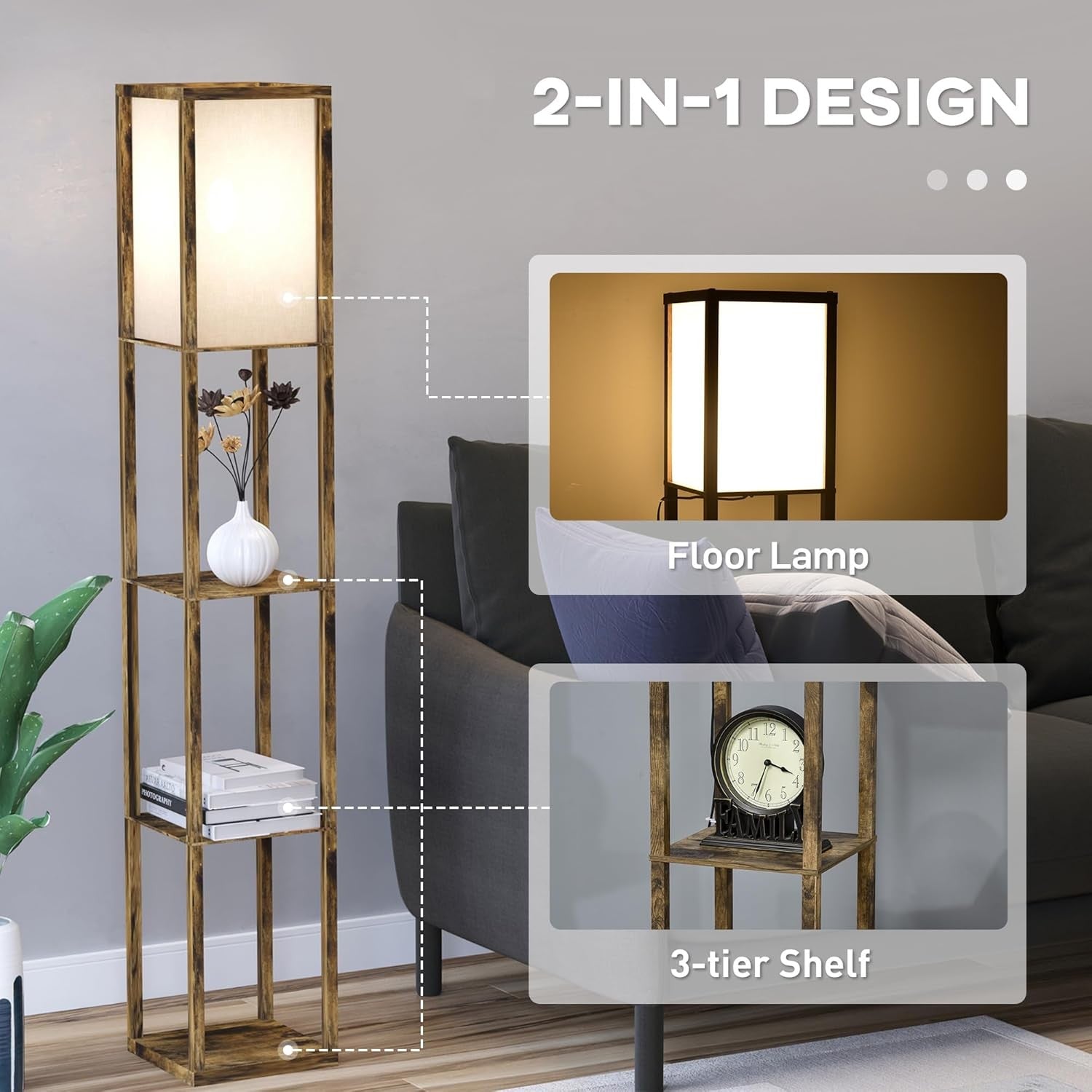 Floor Lamp with Shelves Storage Standing Light Brown Modern 3 Tier 160cm - Kwikley