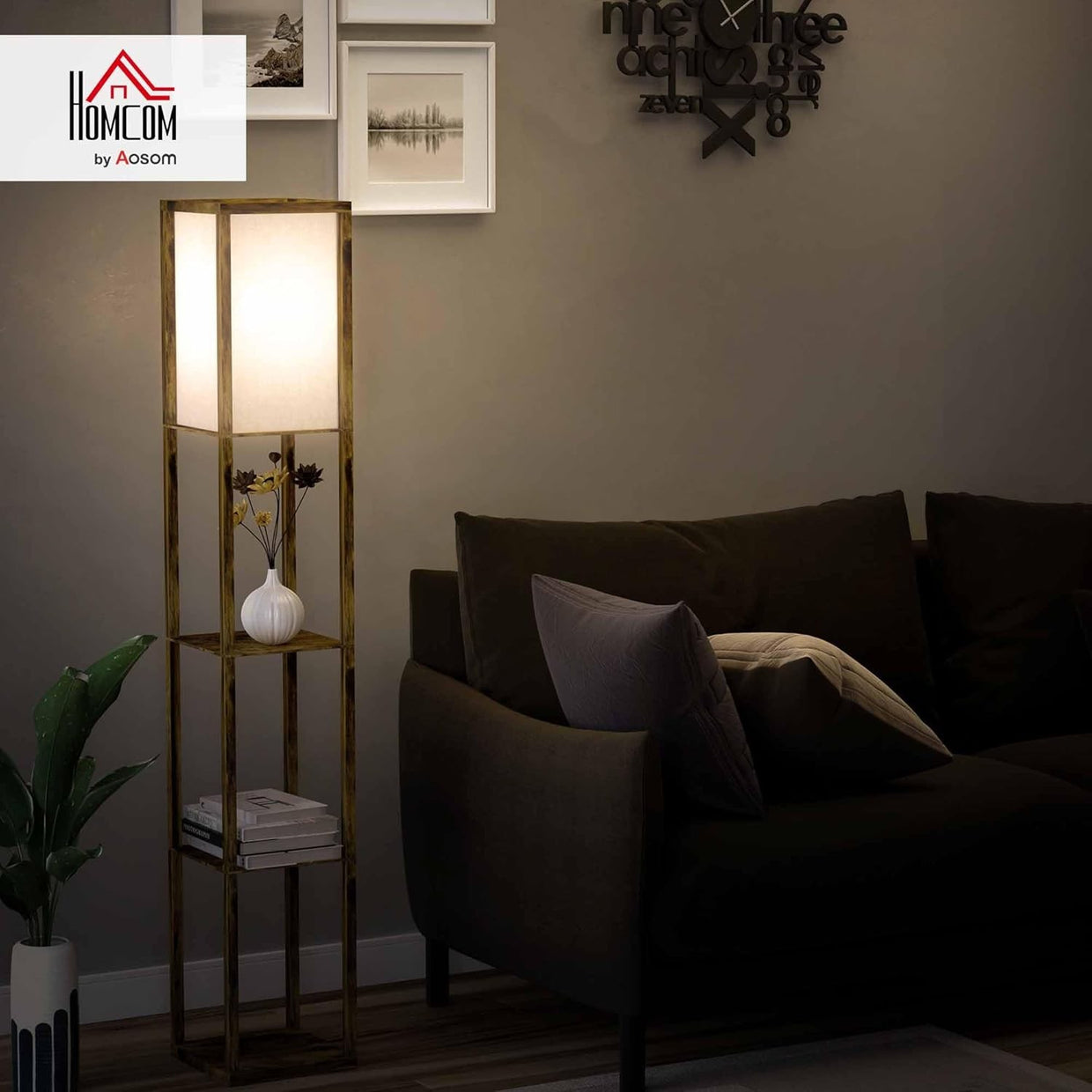 Floor Lamp with Shelves Storage Standing Light Brown Modern 3 Tier 160cm - Kwikley