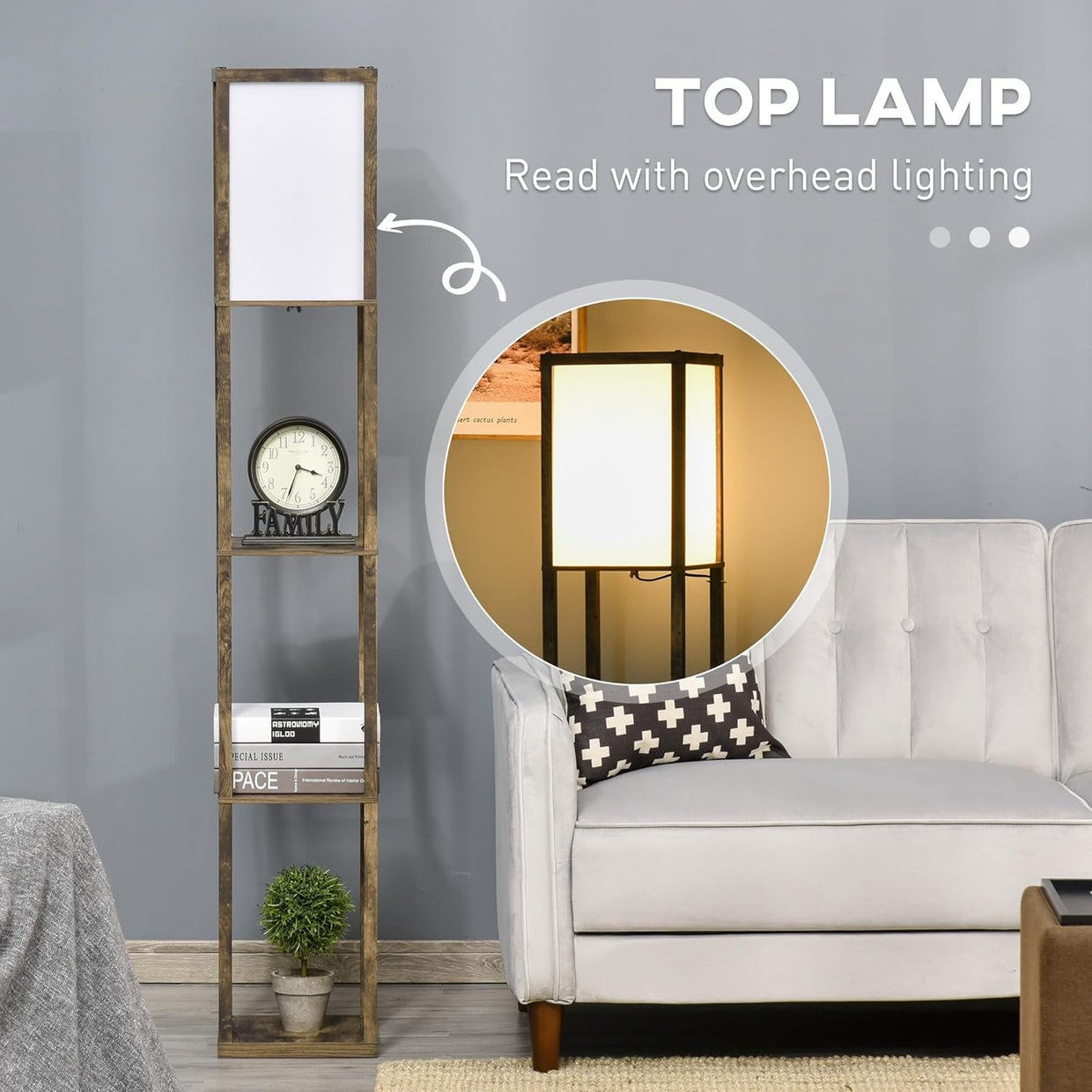 Floor Lamp with Shelves Storage Standing Light Brown Modern 3 Tier 160cm - Kwikley