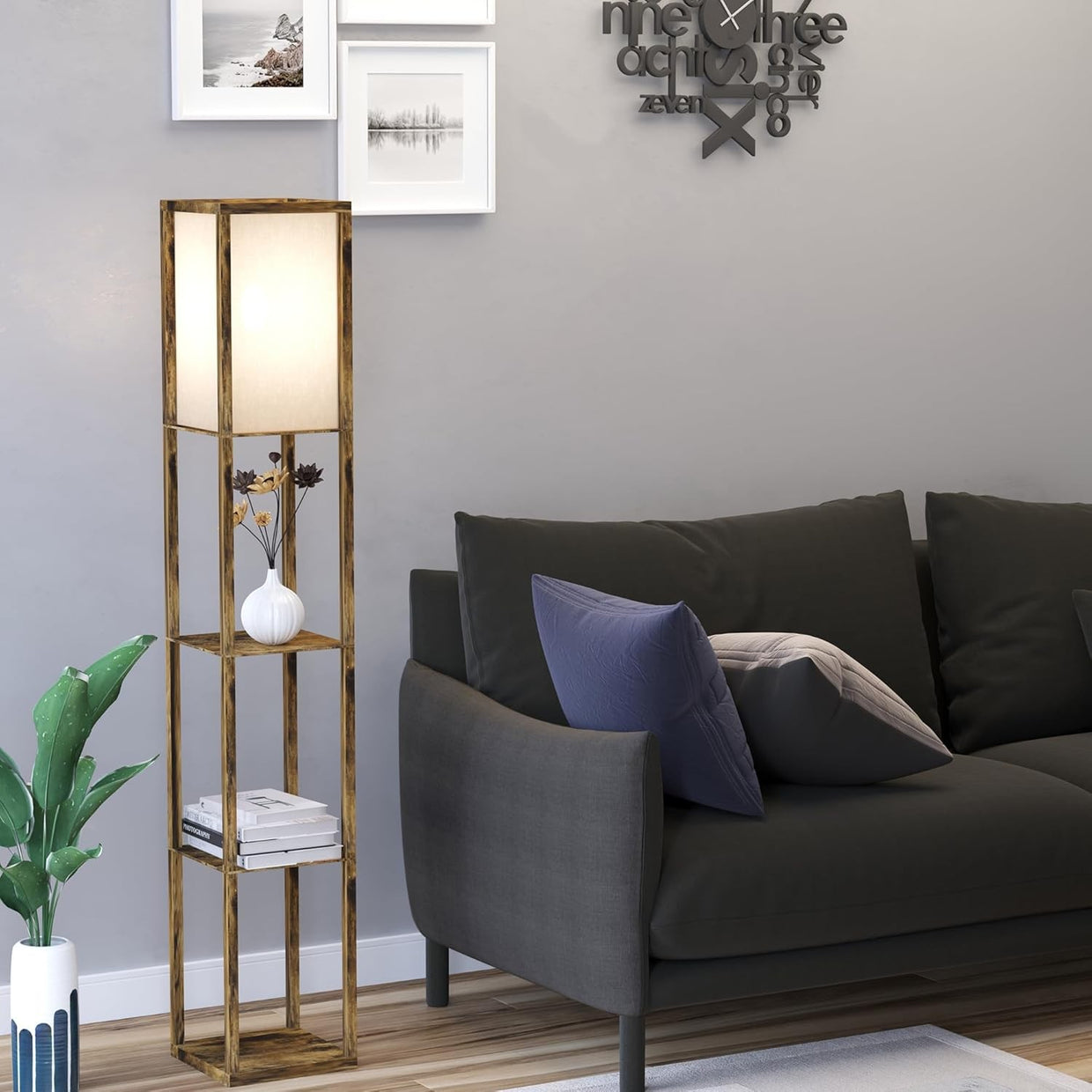 Floor Lamp with Shelves Storage Standing Light Brown Modern 3 Tier 160cm - Kwikley