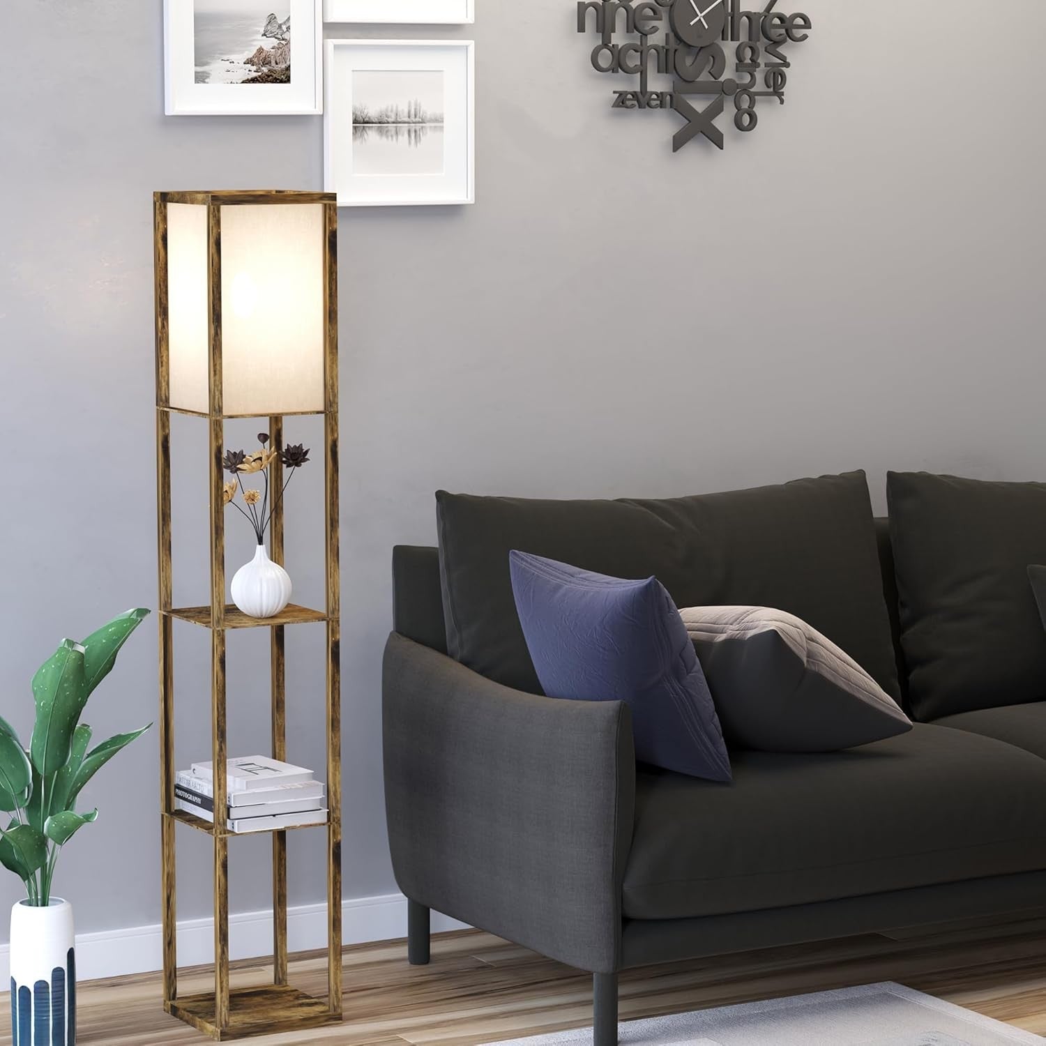 Floor Lamp with Shelves Storage Standing Light Brown Modern 3 Tier 160cm - Kwikley
