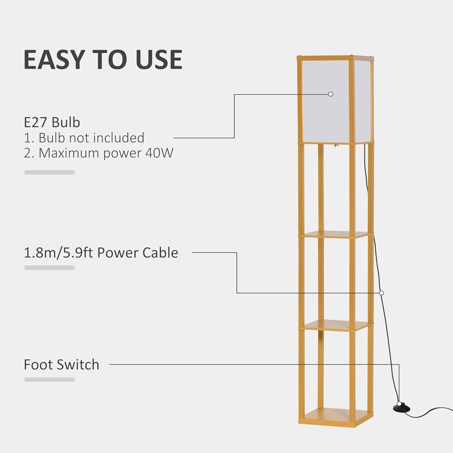 Floor Lamp with Shelves Storage Standing Light Natural Wood 3 Tier 160cm - Kwikley