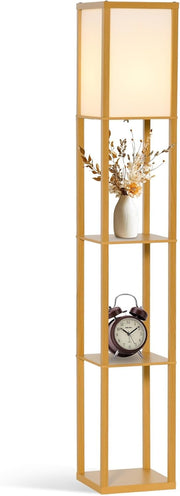 Floor Lamp with Shelves Storage Standing Light Natural Wood 3 Tier 160cm - Kwikley