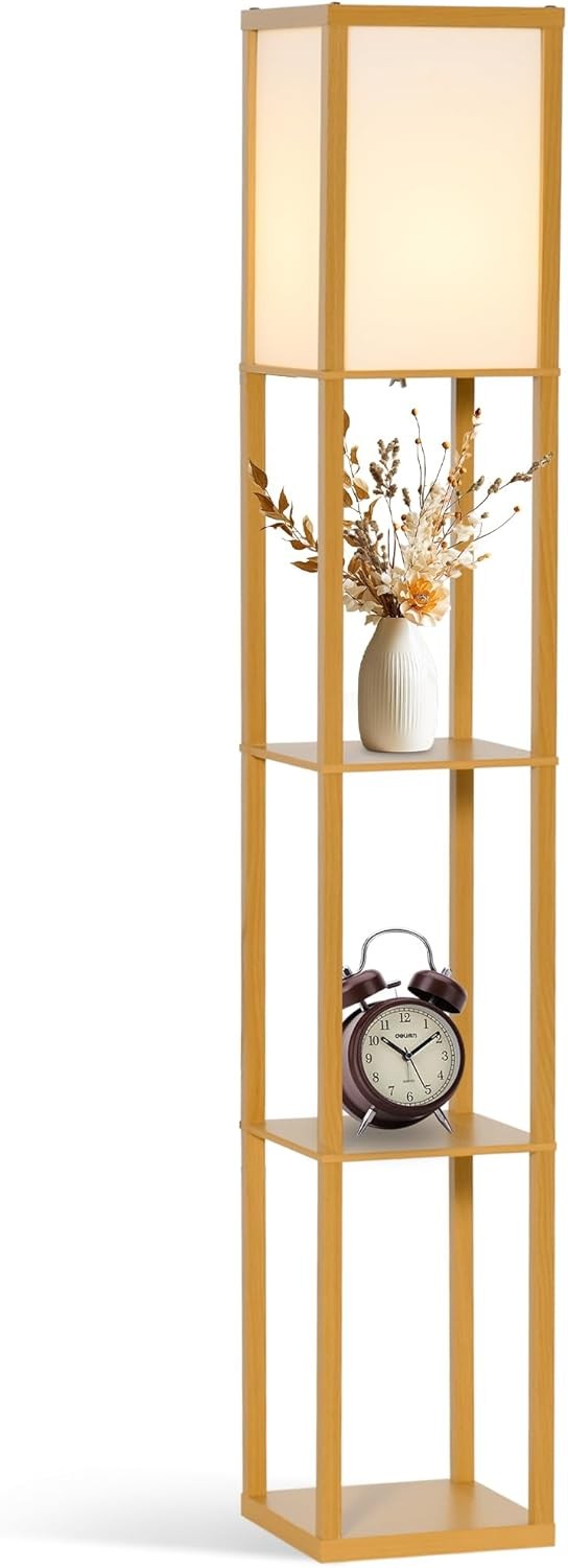 Floor Lamp with Shelves Storage Standing Light Natural Wood 3 Tier 160cm - Kwikley
