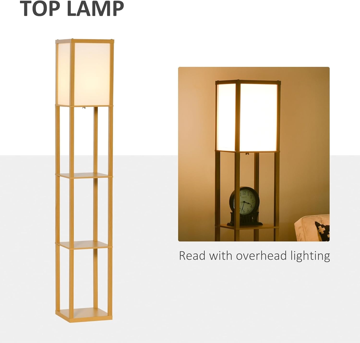 Floor Lamp with Shelves Storage Standing Light Natural Wood 3 Tier 160cm - Kwikley