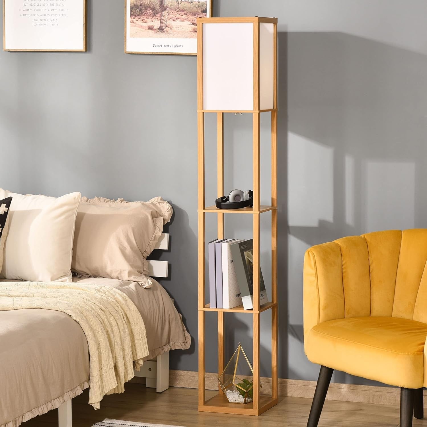 Floor Lamp with Shelves Storage Standing Light Natural Wood 3 Tier 160cm - Kwikley