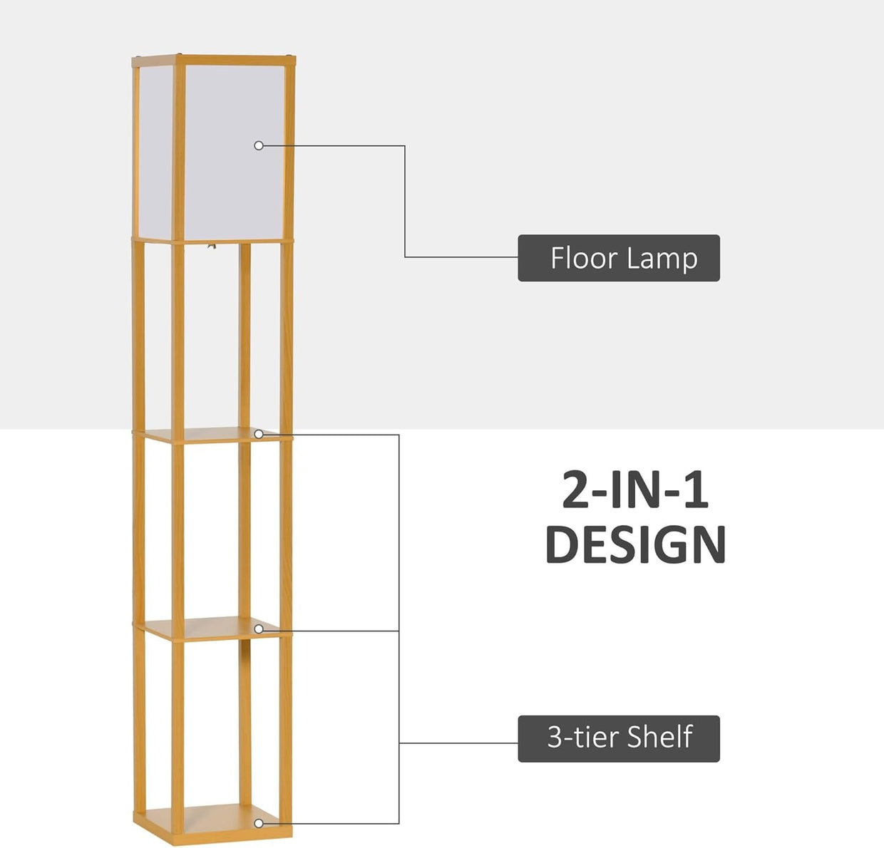 Floor Lamp with Shelves Storage Standing Light Natural Wood 3 Tier 160cm - Kwikley
