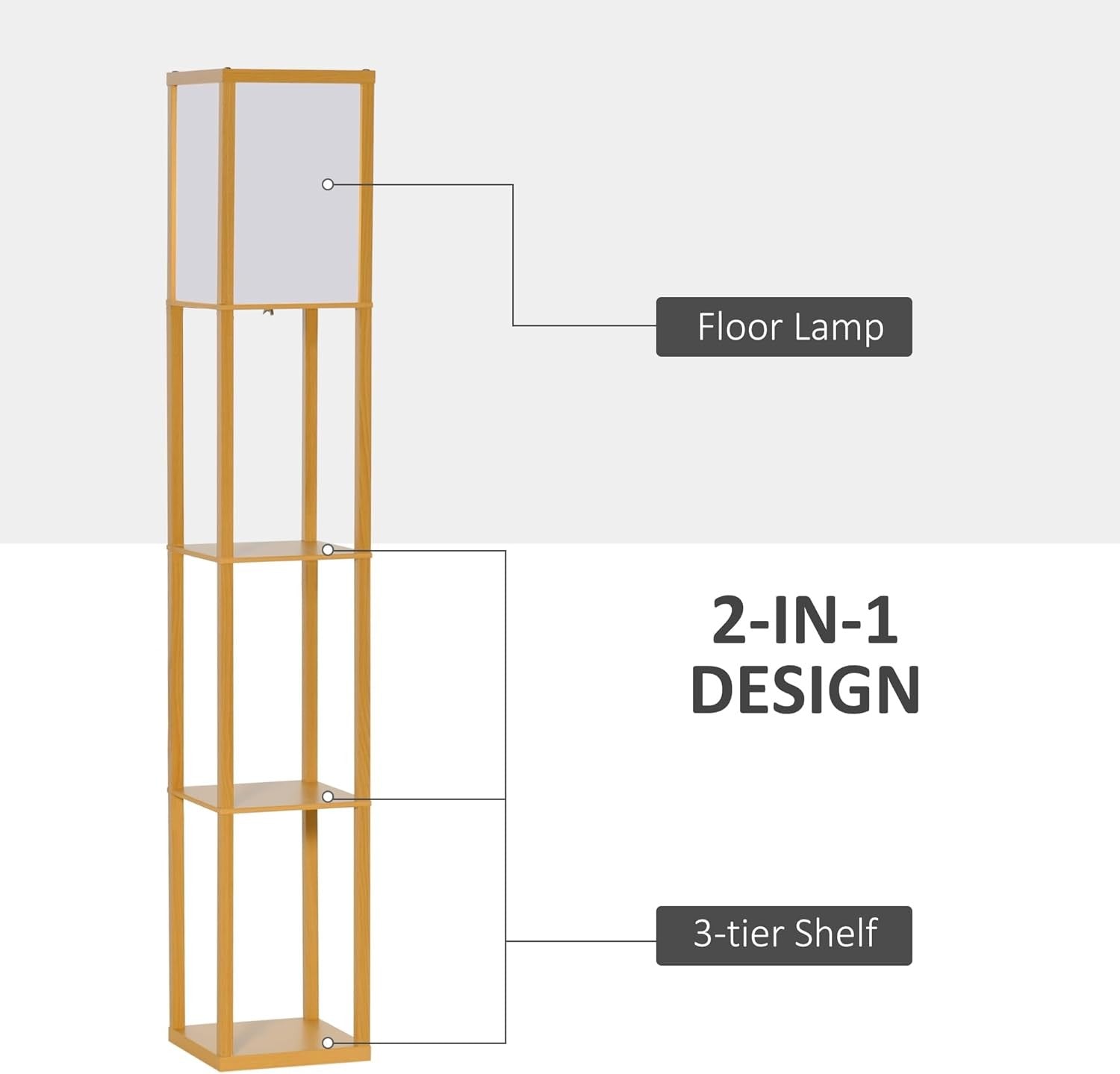 Floor Lamp with Shelves Storage Standing Light Natural Wood 3 Tier 160cm - Kwikley