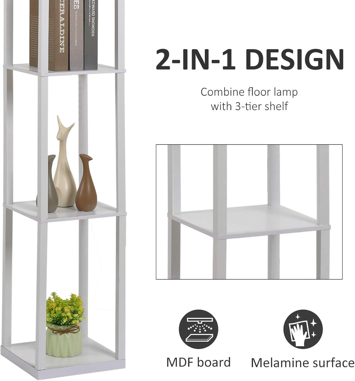 Floor Lamp with Shelves Storage Standing Light White Modern 3 Tier 160cm - Kwikley