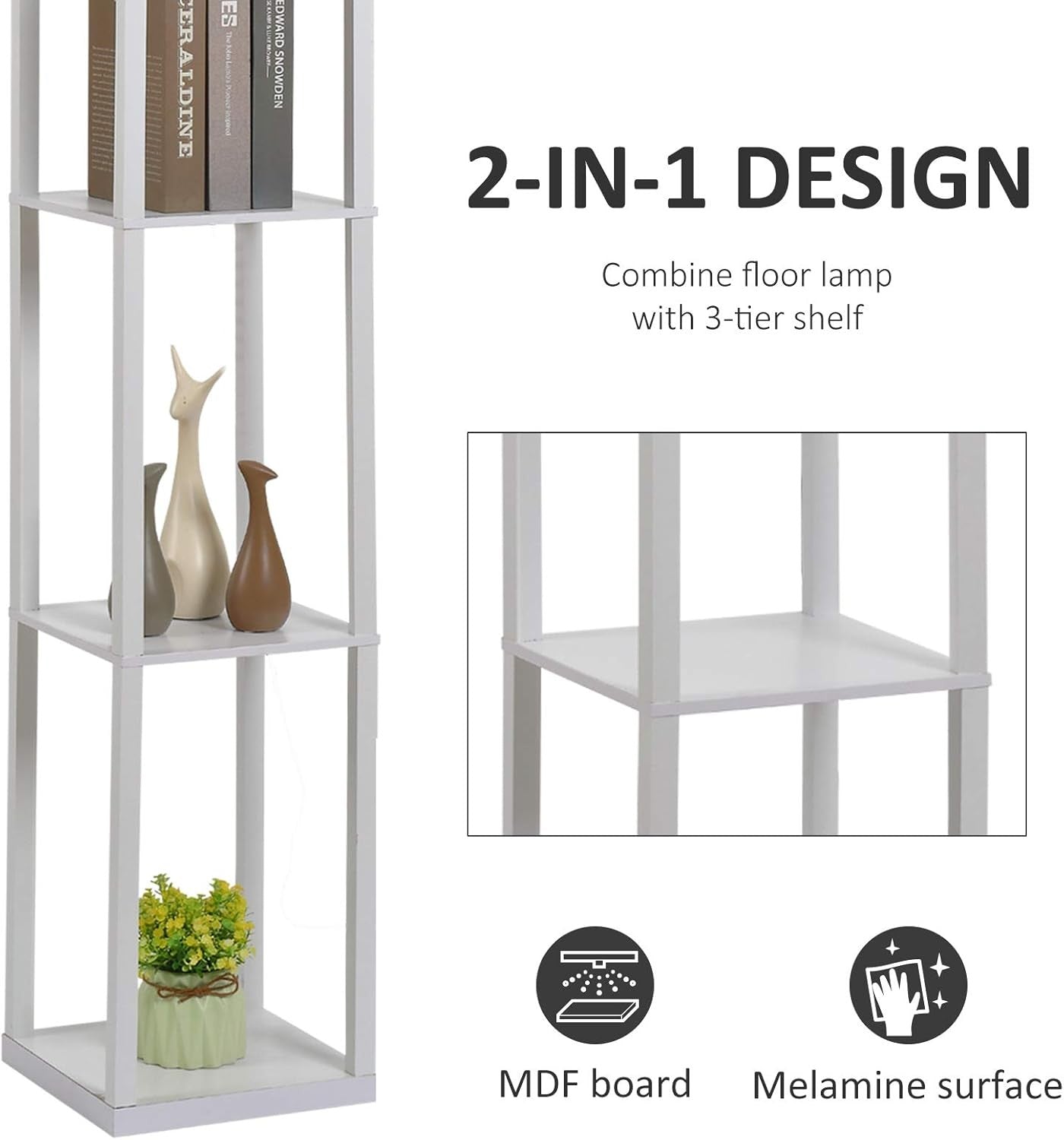 Floor Lamp with Shelves Storage Standing Light White Modern 3 Tier 160cm - Kwikley