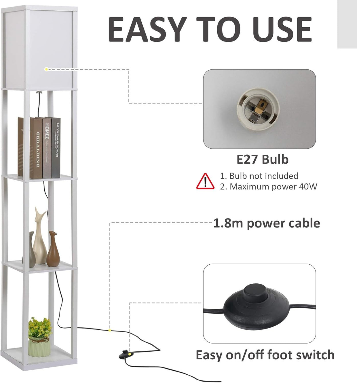 Floor Lamp with Shelves Storage Standing Light White Modern 3 Tier 160cm - Kwikley
