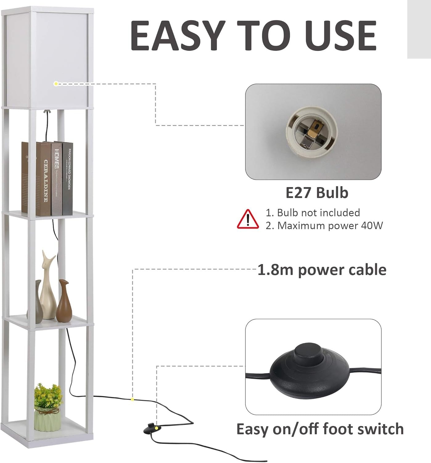 Floor Lamp with Shelves Storage Standing Light White Modern 3 Tier 160cm - Kwikley