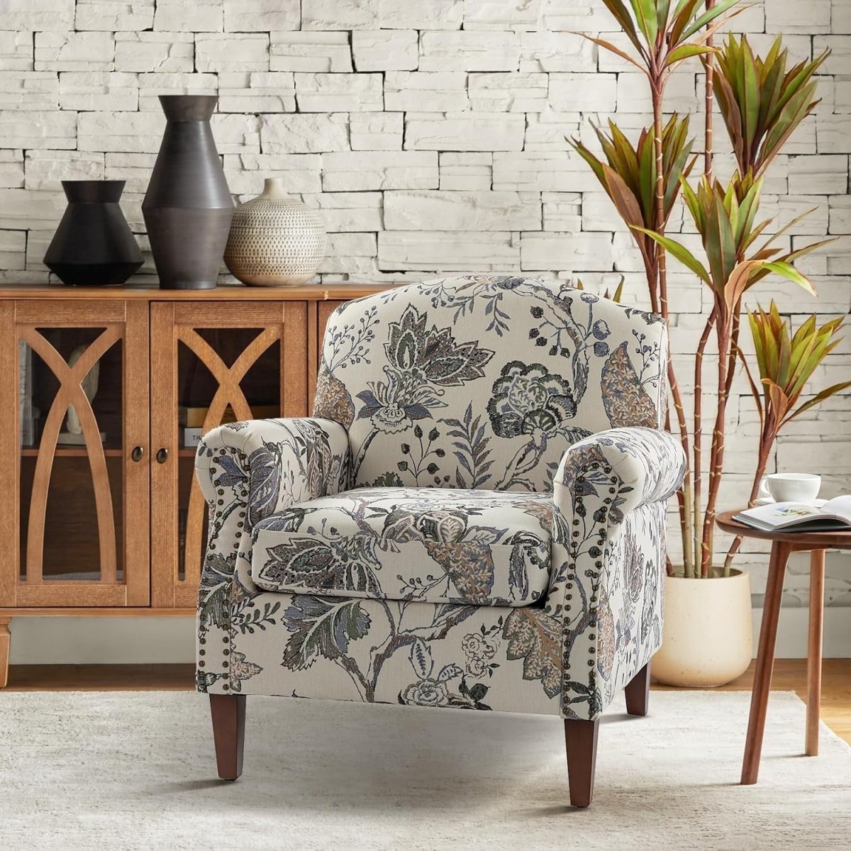 Floral Armchair Grey Accent Chair Sofa Seat for Lounge Bedroom Office - Kwikley
