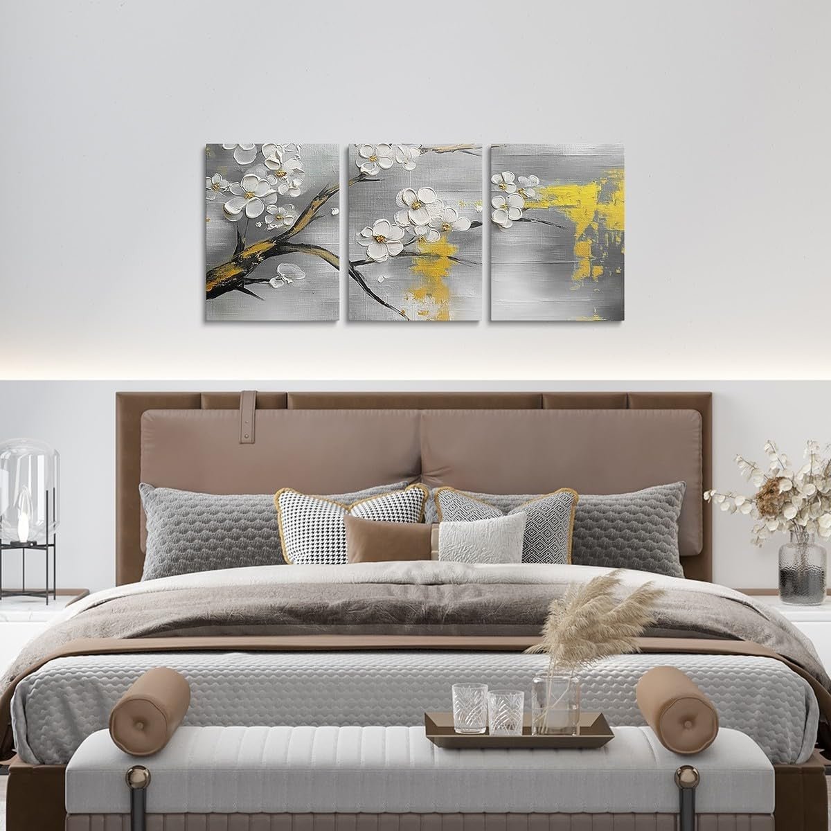 Floral Canvas Wall Art Set of 3 40x30cm Yellow Grey - Kwikley
