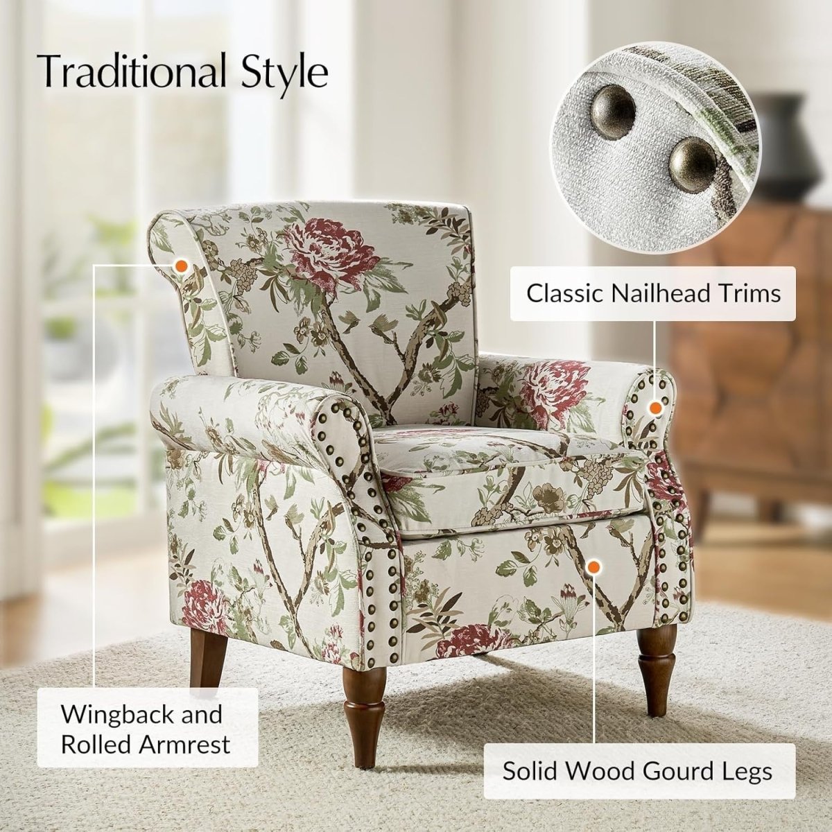 Floral Wingback Armchair Upholstered Accent Chair Lounge Sofa Velvet Seat - Kwikley