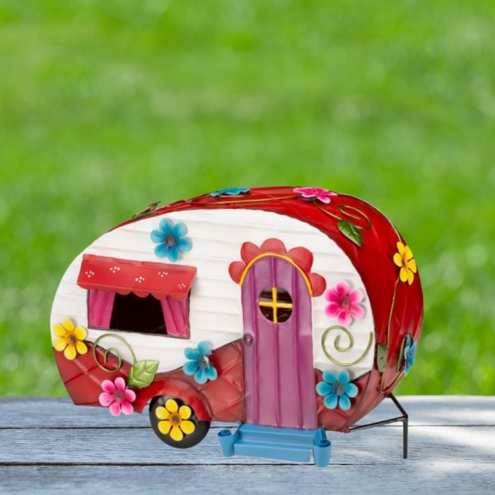 Flower Power Caravan Fairy House Ornament Outdoor Metal Hand - Painted 33cm - Kwikley