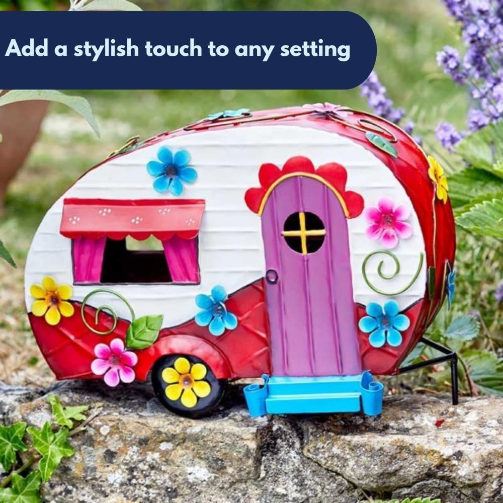 Flower Power Caravan Fairy House Ornament Outdoor Metal Hand - Painted 33cm - Kwikley