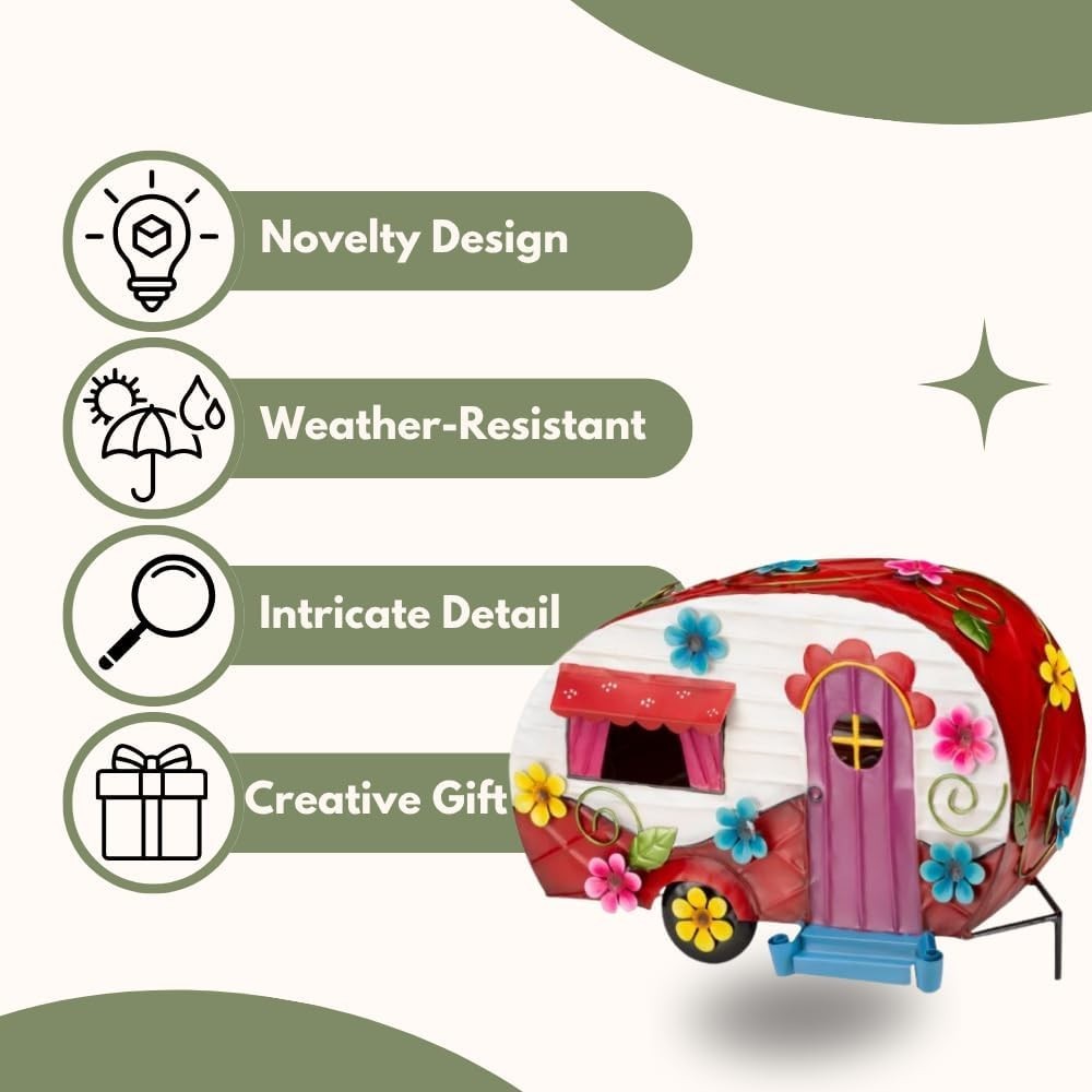 Flower Power Caravan Fairy House Ornament Outdoor Metal Hand - Painted 33cm - Kwikley
