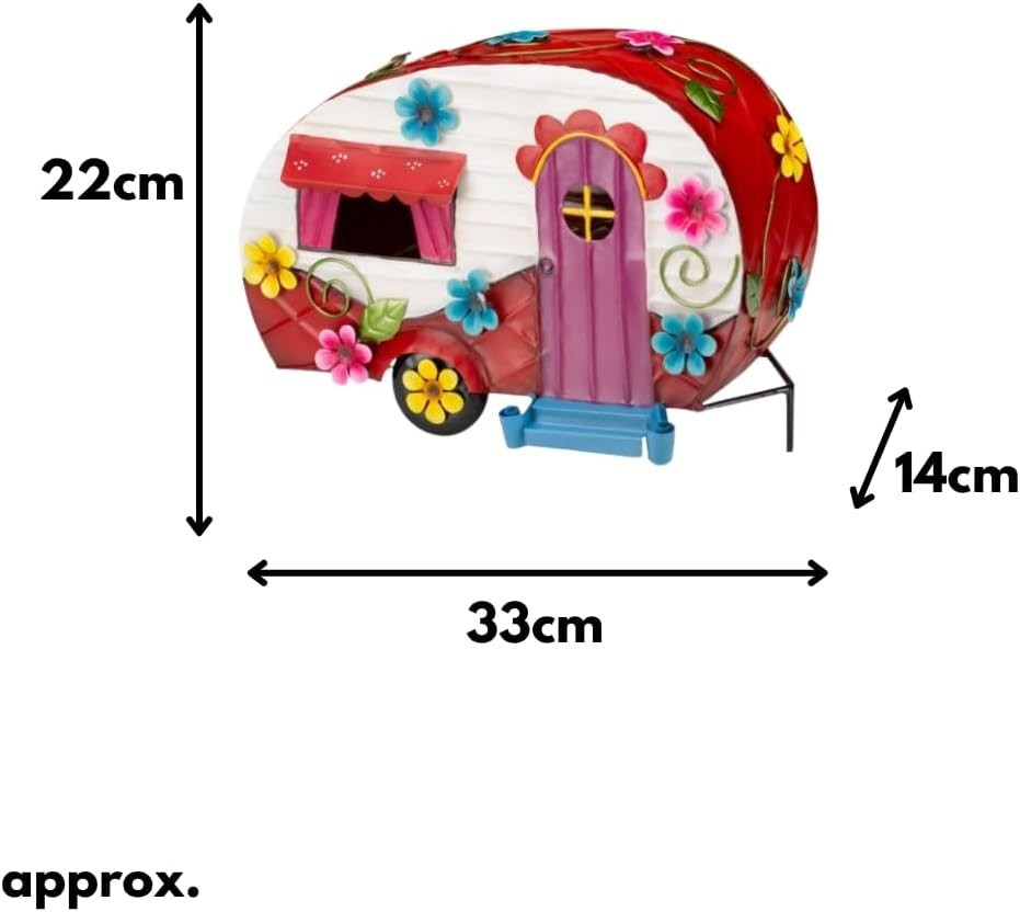 Flower Power Caravan Fairy House Ornament Outdoor Metal Hand - Painted 33cm - Kwikley
