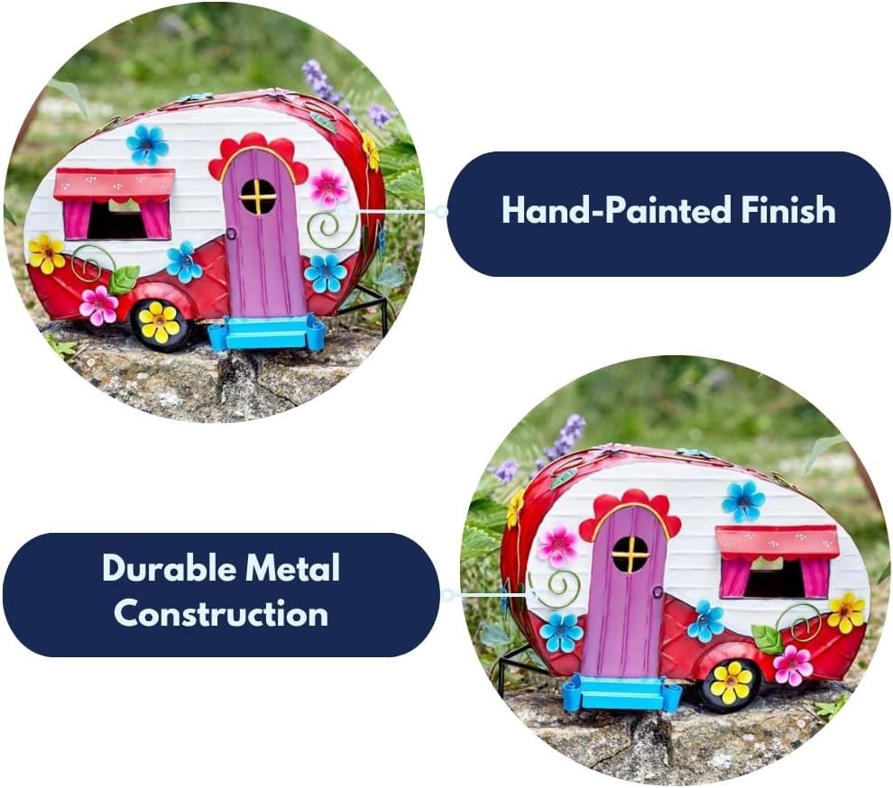 Flower Power Caravan Fairy House Ornament Outdoor Metal Hand - Painted 33cm - Kwikley