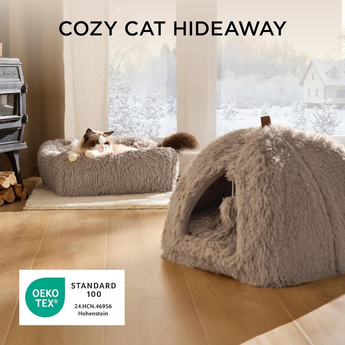 Fluffy Cat Cave Bed Igloo Foldable Washable Pet House Cushion Camel - Kwikley