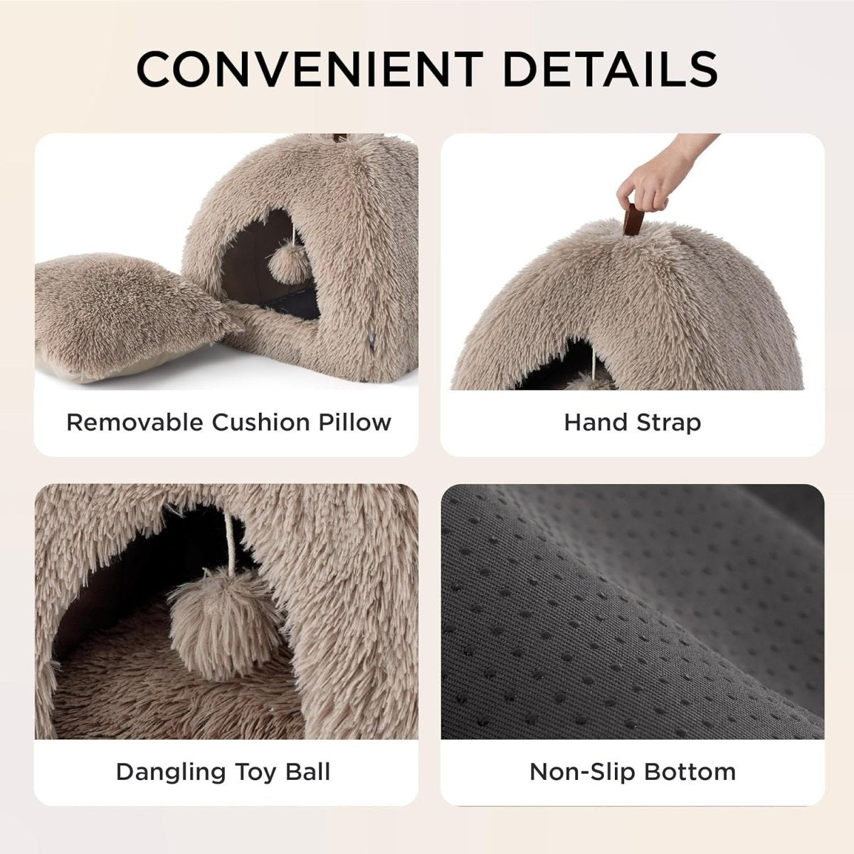 Fluffy Cat Cave Bed Igloo Foldable Washable Pet House Cushion Camel - Kwikley
