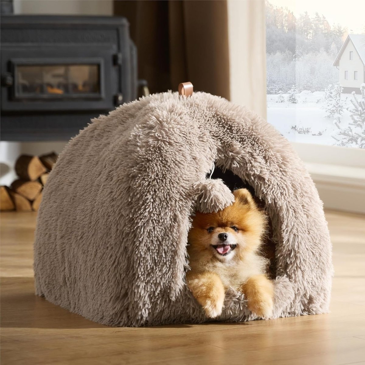 Fluffy Cat Cave Bed Igloo Foldable Washable Pet House Cushion Camel - Kwikley