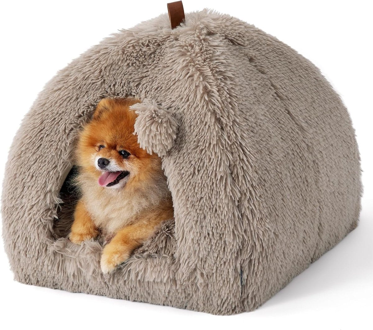 Fluffy Cat Cave Bed Igloo Foldable Washable Pet House Cushion Camel - Kwikley