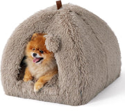Fluffy Cat Cave Bed Igloo Foldable Washable Pet House Cushion Camel - Kwikley