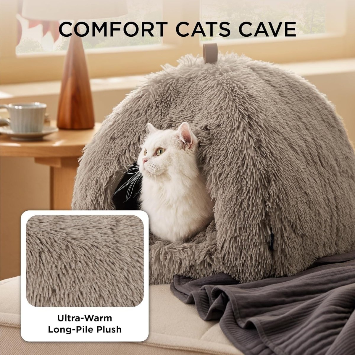 Fluffy Cat Cave Bed Igloo Foldable Washable Pet House Cushion Camel - Kwikley