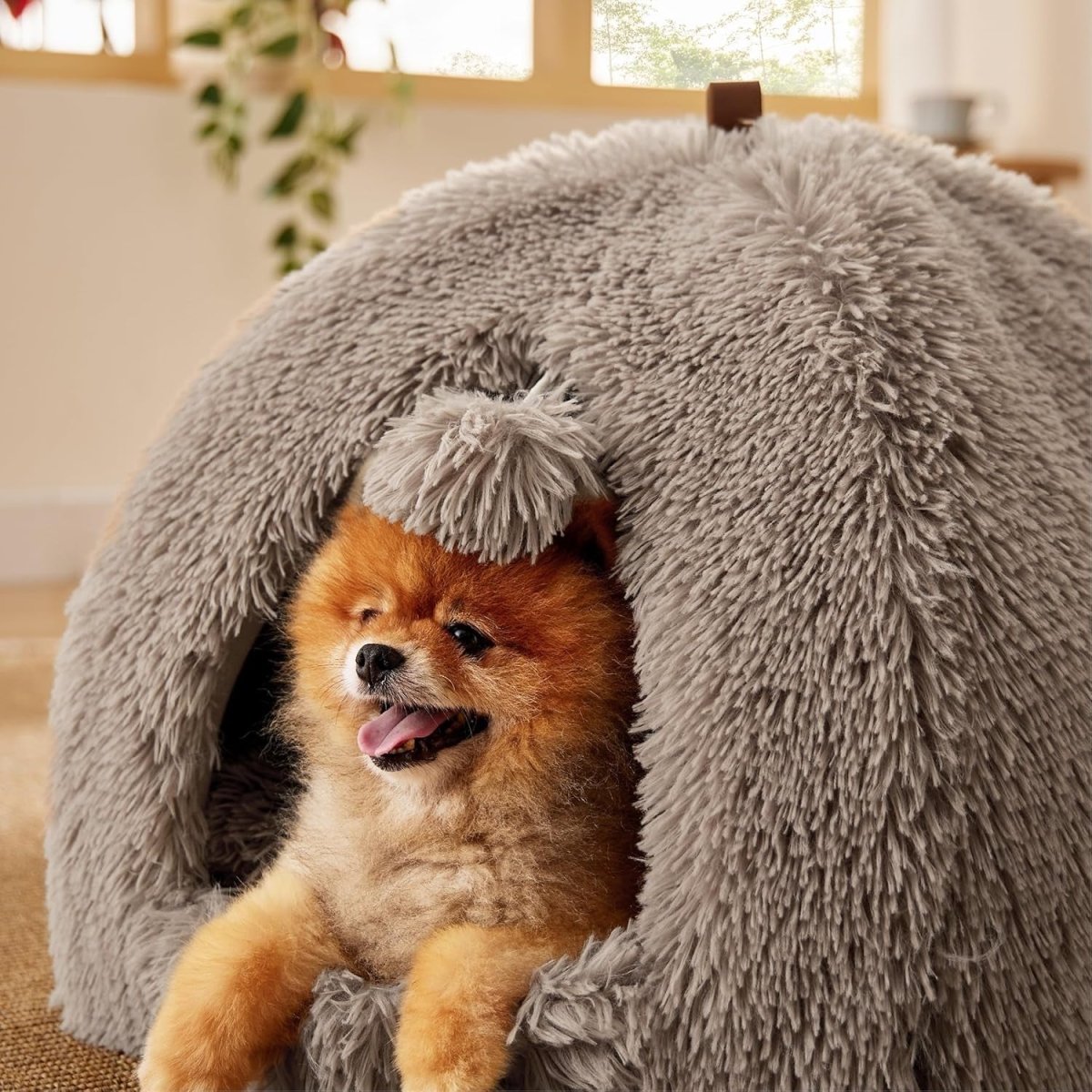 Fluffy Cat Cave Bed Igloo Foldable Washable Pet House Cushion Camel - Kwikley