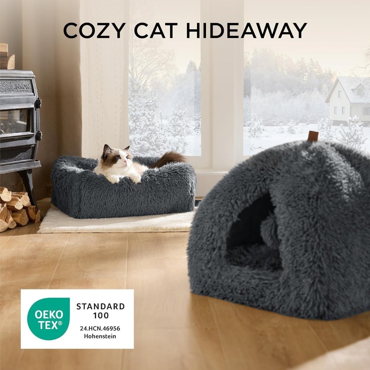 Fluffy Cat Cave Bed Igloo Foldable Washable Pet House Cushion Grey - Kwikley