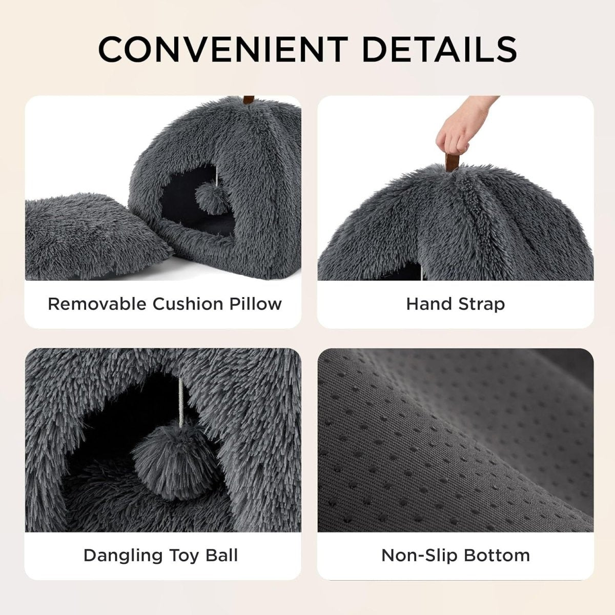 Fluffy Cat Cave Bed Igloo Foldable Washable Pet House Cushion Grey - Kwikley