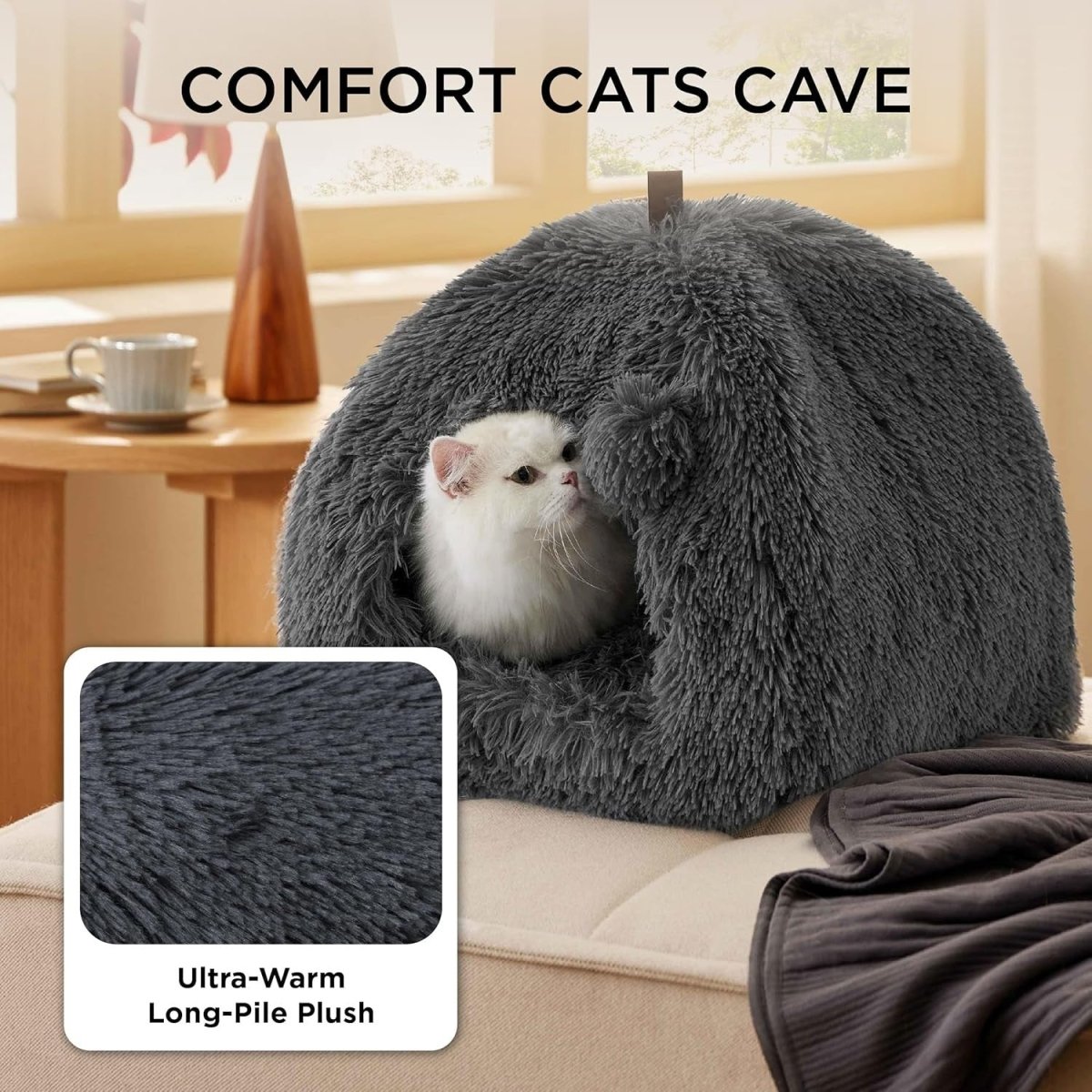 Fluffy Cat Cave Bed Igloo Foldable Washable Pet House Cushion Grey - Kwikley