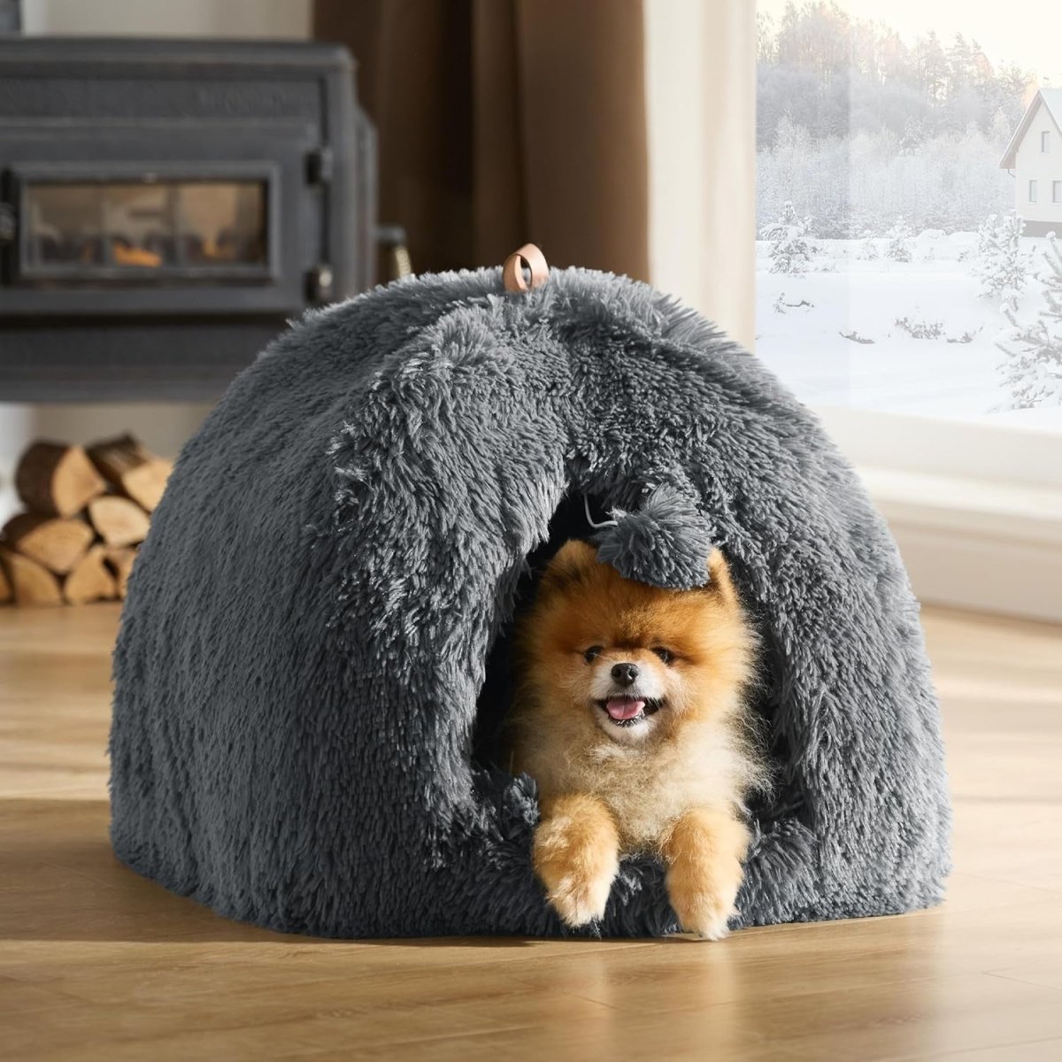 Fluffy Cat Cave Bed Igloo Foldable Washable Pet House Cushion Grey - Kwikley