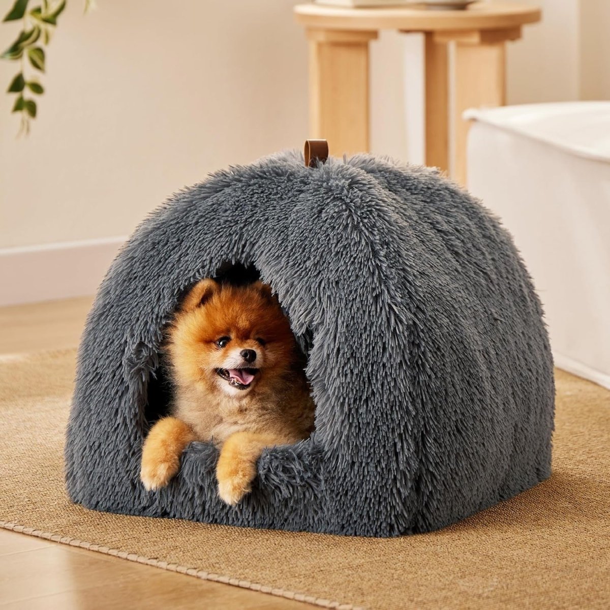 Fluffy Cat Cave Bed Igloo Foldable Washable Pet House Cushion Grey - Kwikley