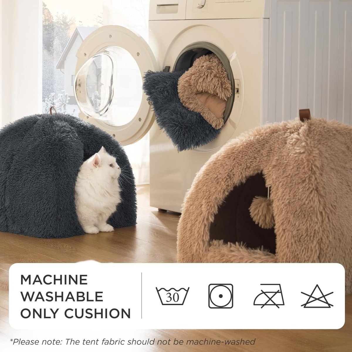 Fluffy Cat Cave Bed Igloo Foldable Washable Pet House Cushion Grey - Kwikley