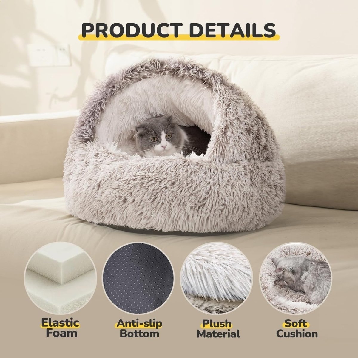 Fluffy Cat Cave Bed Washable Pet Igloo Nest Non Slip Indoor Cat Dog - Kwikley
