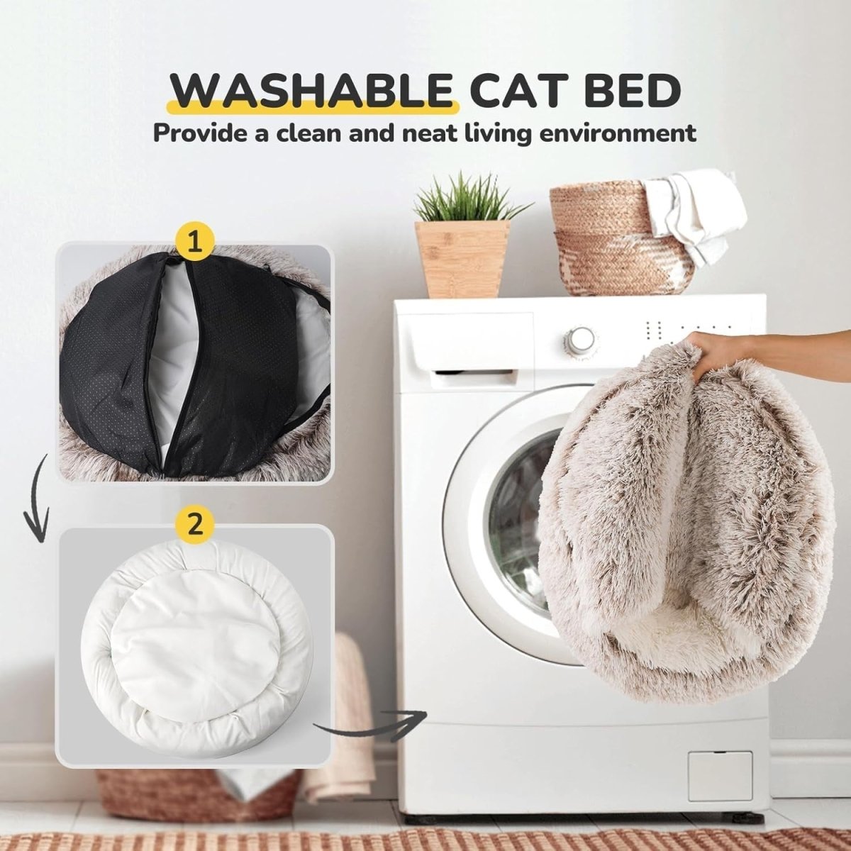 Fluffy Cat Cave Bed Washable Pet Igloo Nest Non Slip Indoor Cat Dog - Kwikley