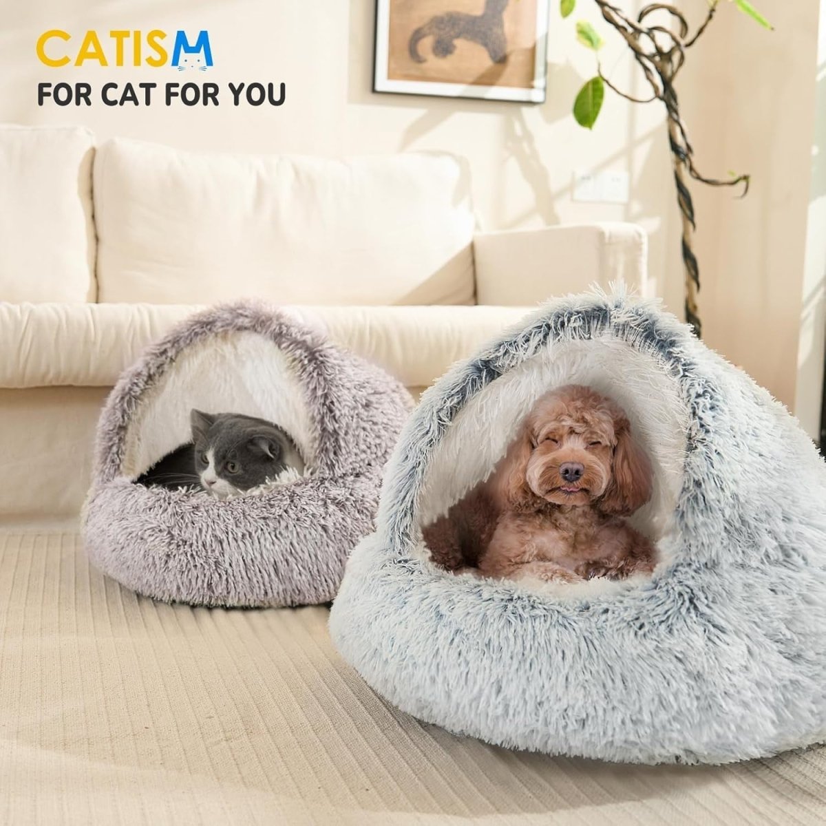 Fluffy Cat Cave Bed Washable Pet Igloo Nest Non Slip Indoor Cat Dog - Kwikley
