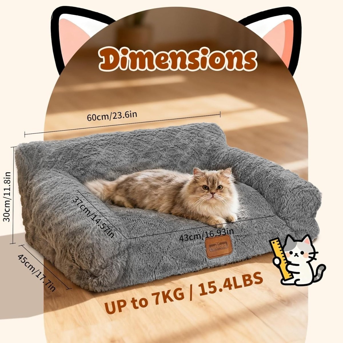 Fluffy Cat Sofa Bed Plush Pet Couch Washable Non Slip 60x45x30cm - Kwikley