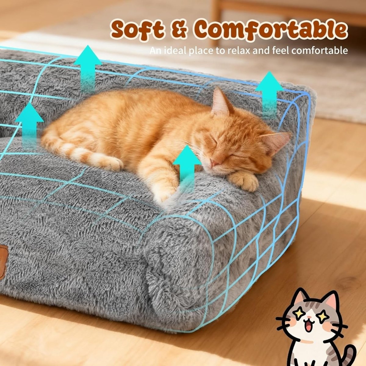 Fluffy Cat Sofa Bed Plush Pet Couch Washable Non Slip 60x45x30cm - Kwikley