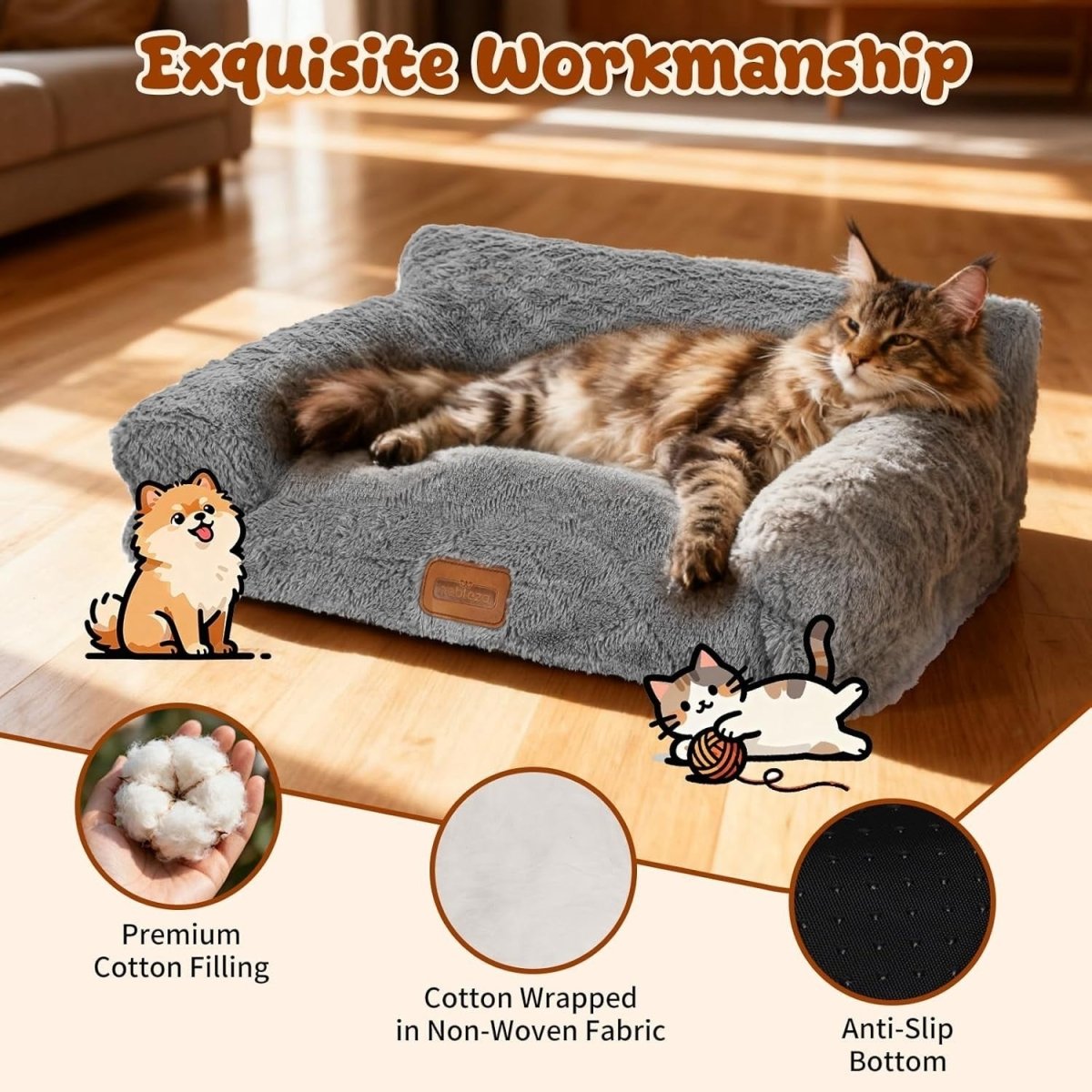 Fluffy Cat Sofa Bed Plush Pet Couch Washable Non Slip 60x45x30cm - Kwikley