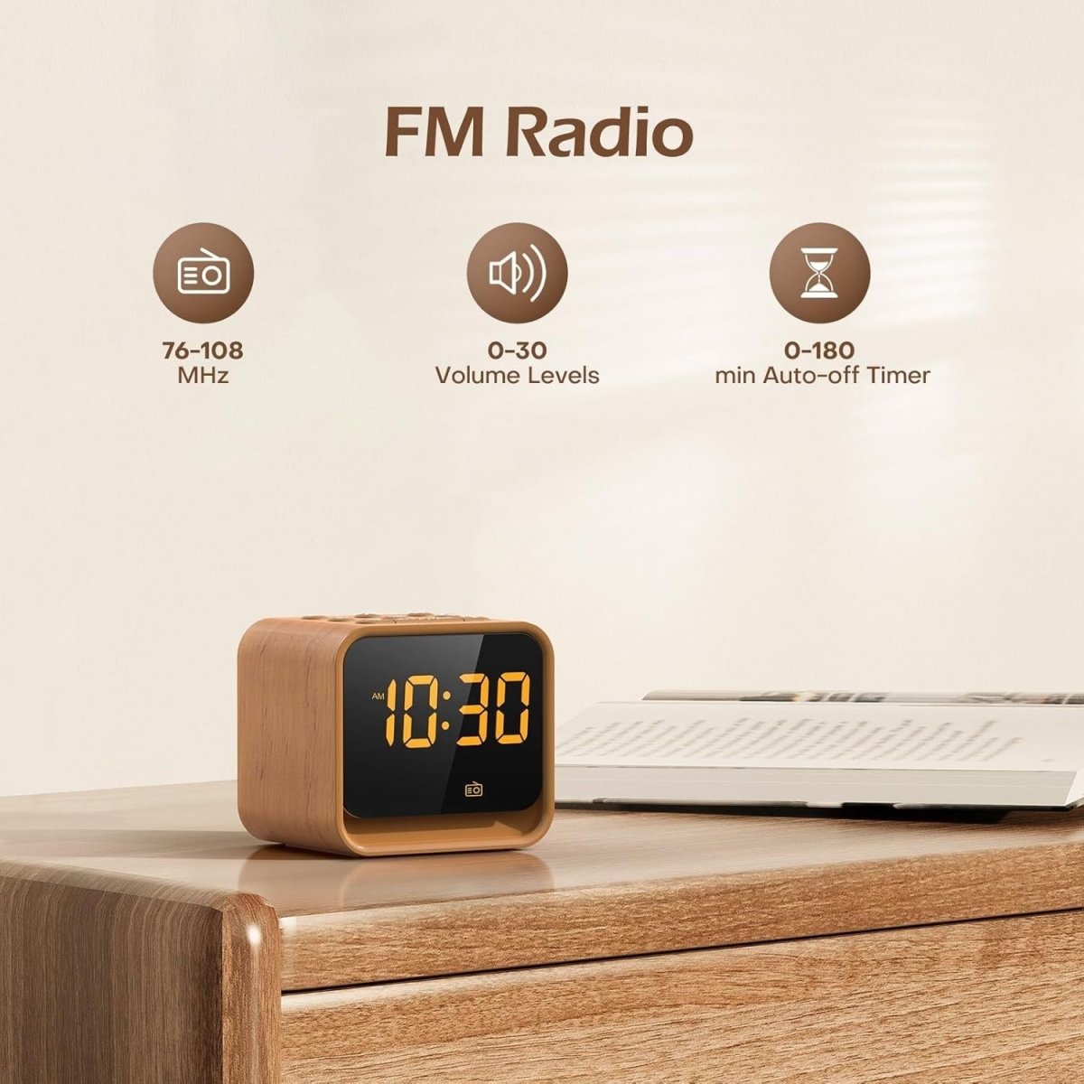 FM Radio Alarm Clock White Noise Machine Night Light Dimmable LED - Kwikley