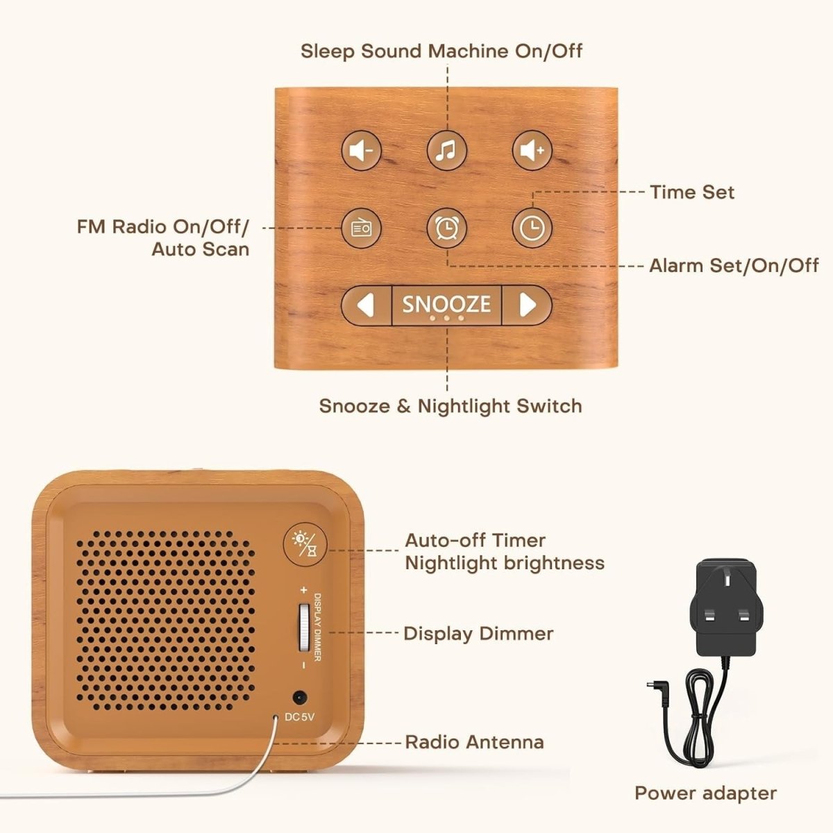 FM Radio Alarm Clock White Noise Machine Night Light Dimmable LED - Kwikley