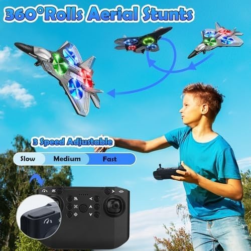 Foam RC Airplane Drone with Lights, 4 Motors, 360° Flips & 2 Batteries - Kwikley